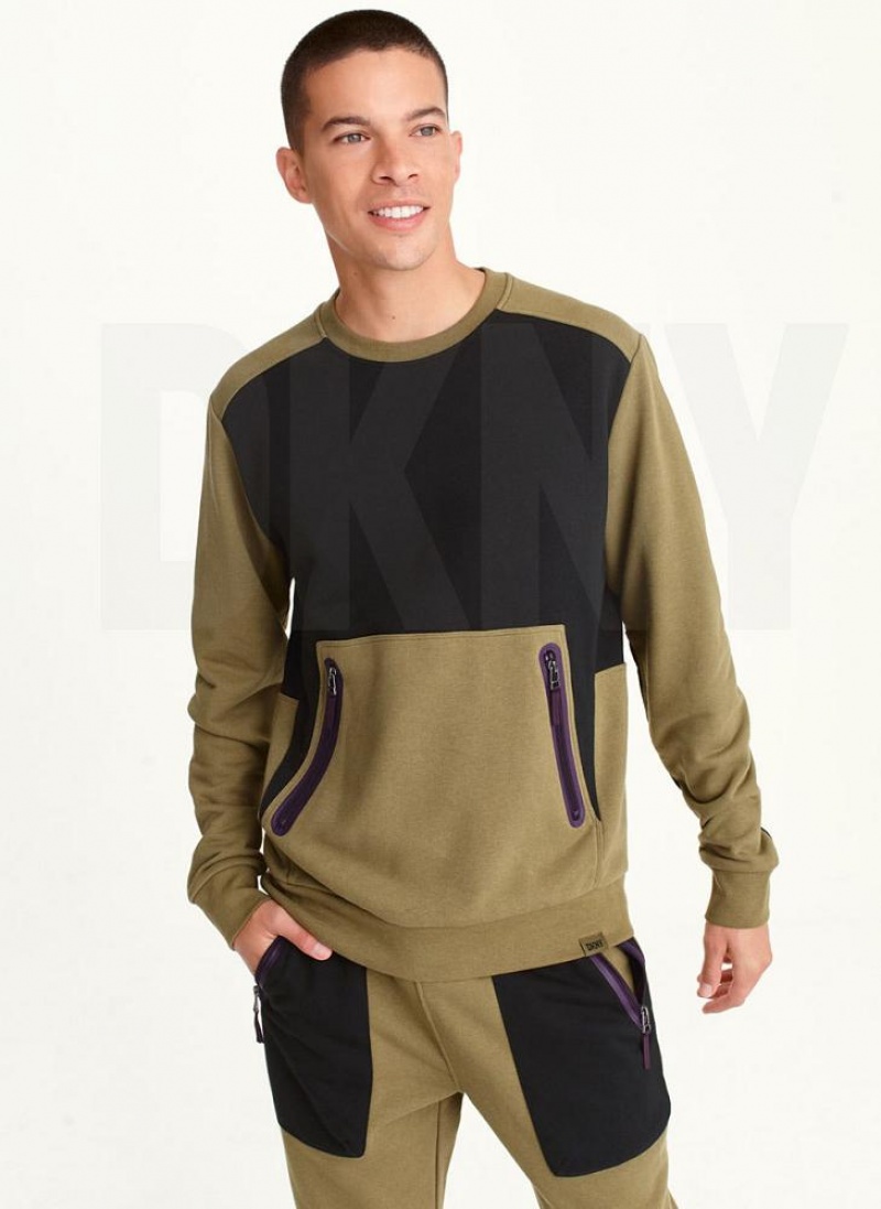 Olive Black DKNY Long Sleeve Color Block Crew Neck Men\'s Sweatshirts | USA-D0912