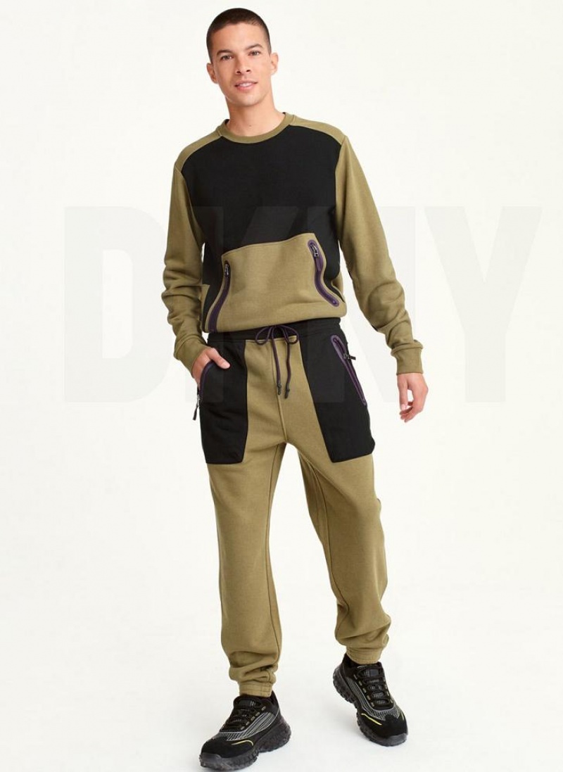 Olive Black DKNY Pull On Colorblock French Terry Men's Pants | USA-D1282