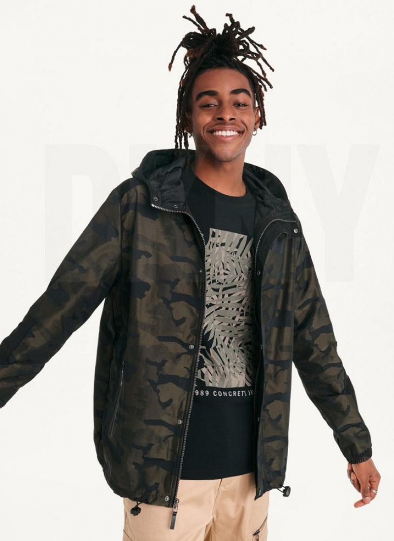 Olive DKNY Camo Hooded Men's Jackets | USA-D1813