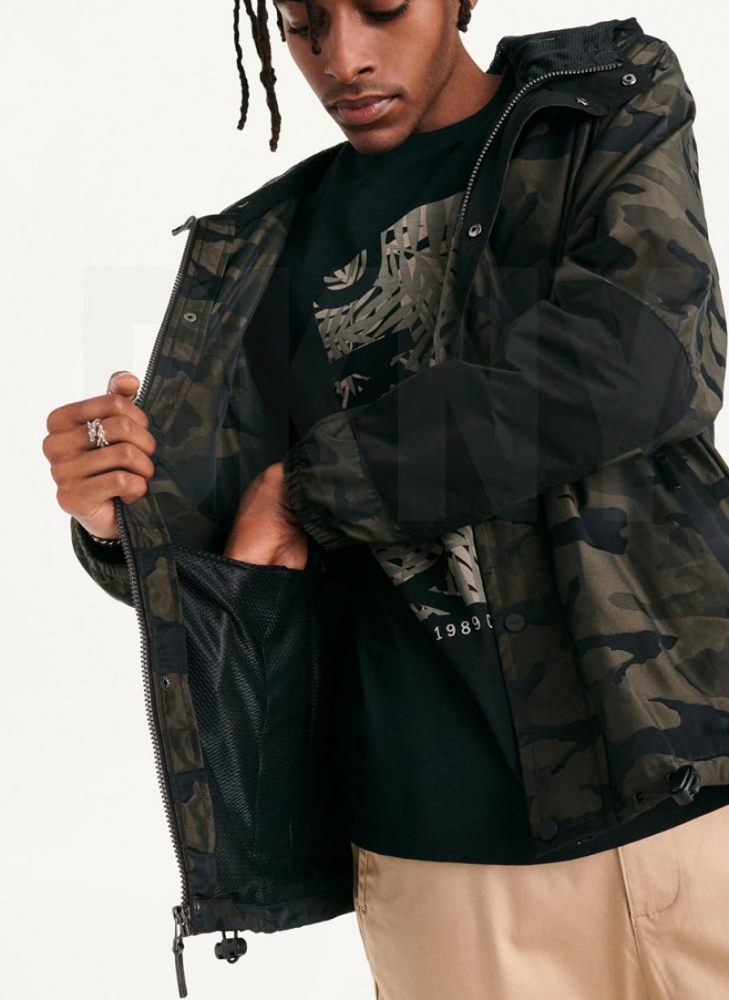 Olive DKNY Camo Hooded Men's Jackets | USA-D1813