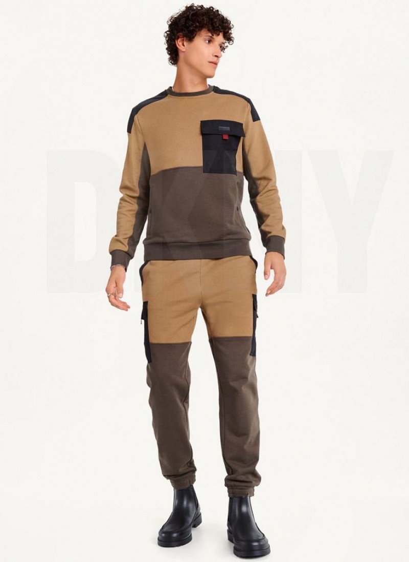 Olive DKNY Colorblock Crew With Cargo Pocket Men's Sweatshirts | USA-D0790
