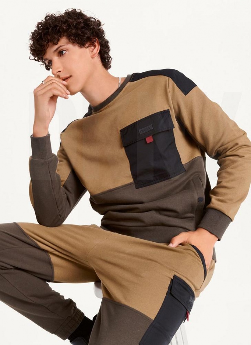 Olive DKNY Colorblock Crew With Cargo Pocket Men\'s Sweatshirts | USA-D0790