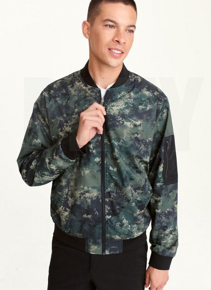 Olive DKNY Leaf Camo Bomber Men\'s Jackets | USA-D0994