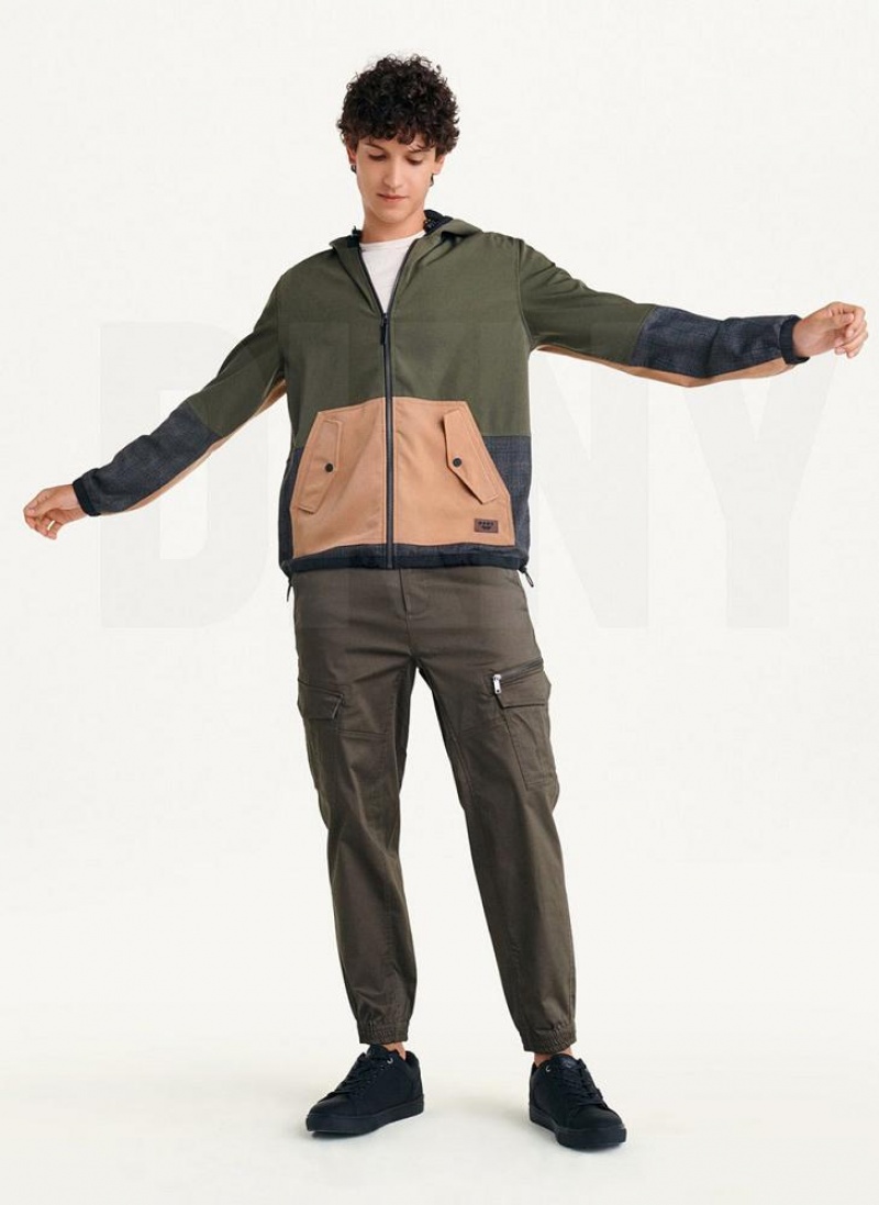Olive DKNY Long Sleeve Mixed Media Hooded Men's Jackets | USA-D0245