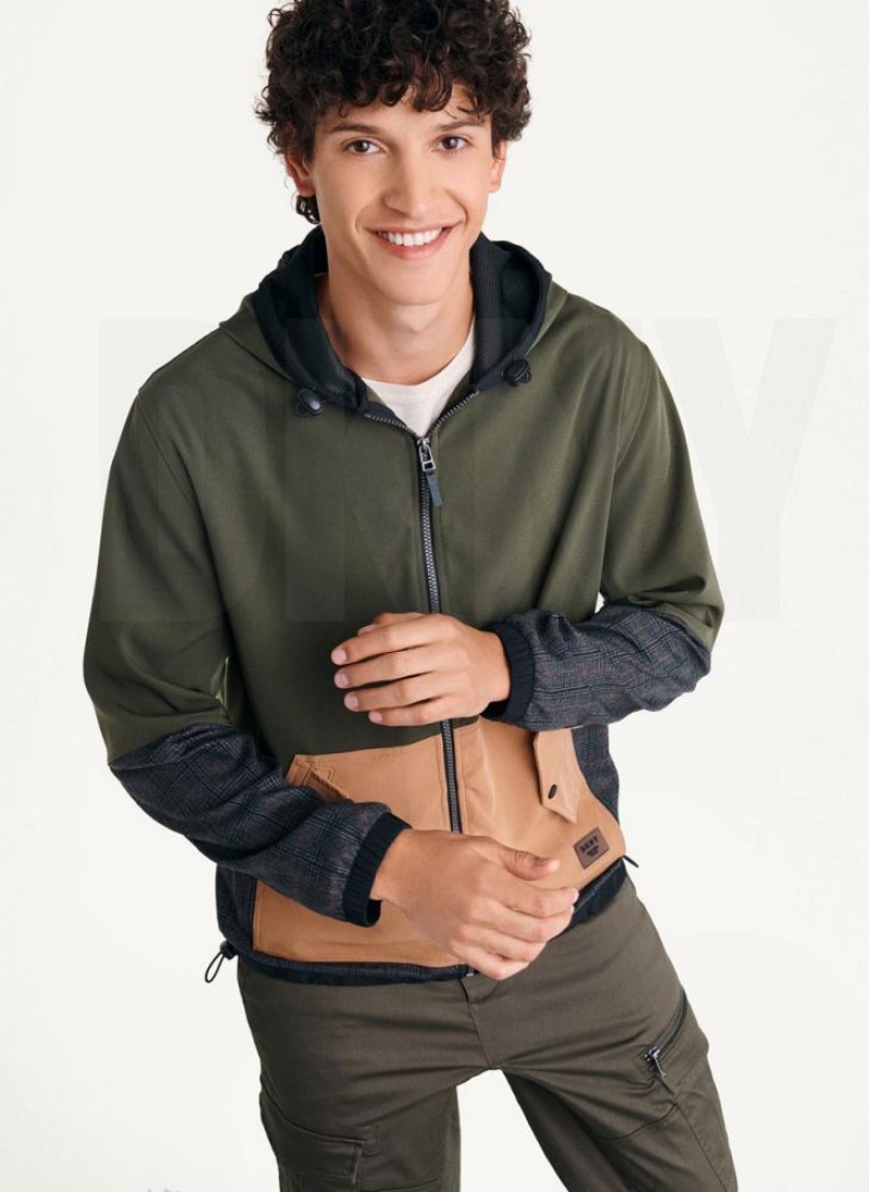 Olive DKNY Long Sleeve Mixed Media Hooded Men\'s Jackets | USA-D0245