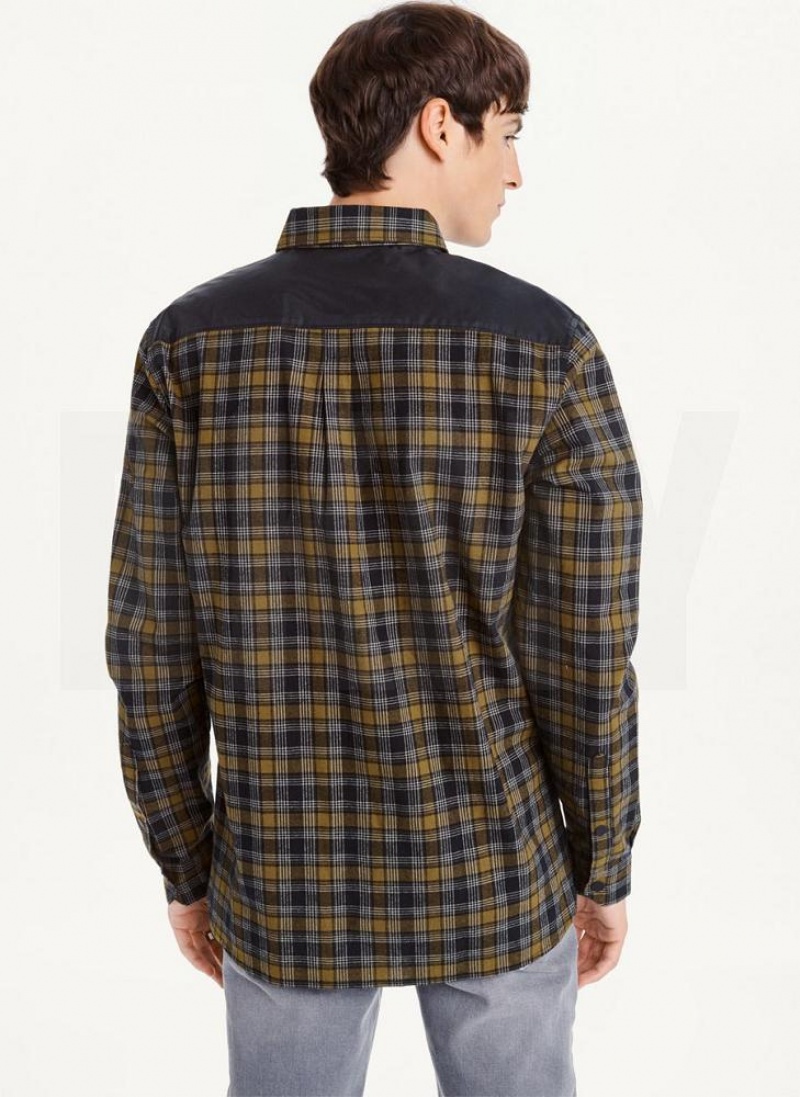 Olive DKNY Long Sleeve Plaid Men's Shirts | USA-D0585