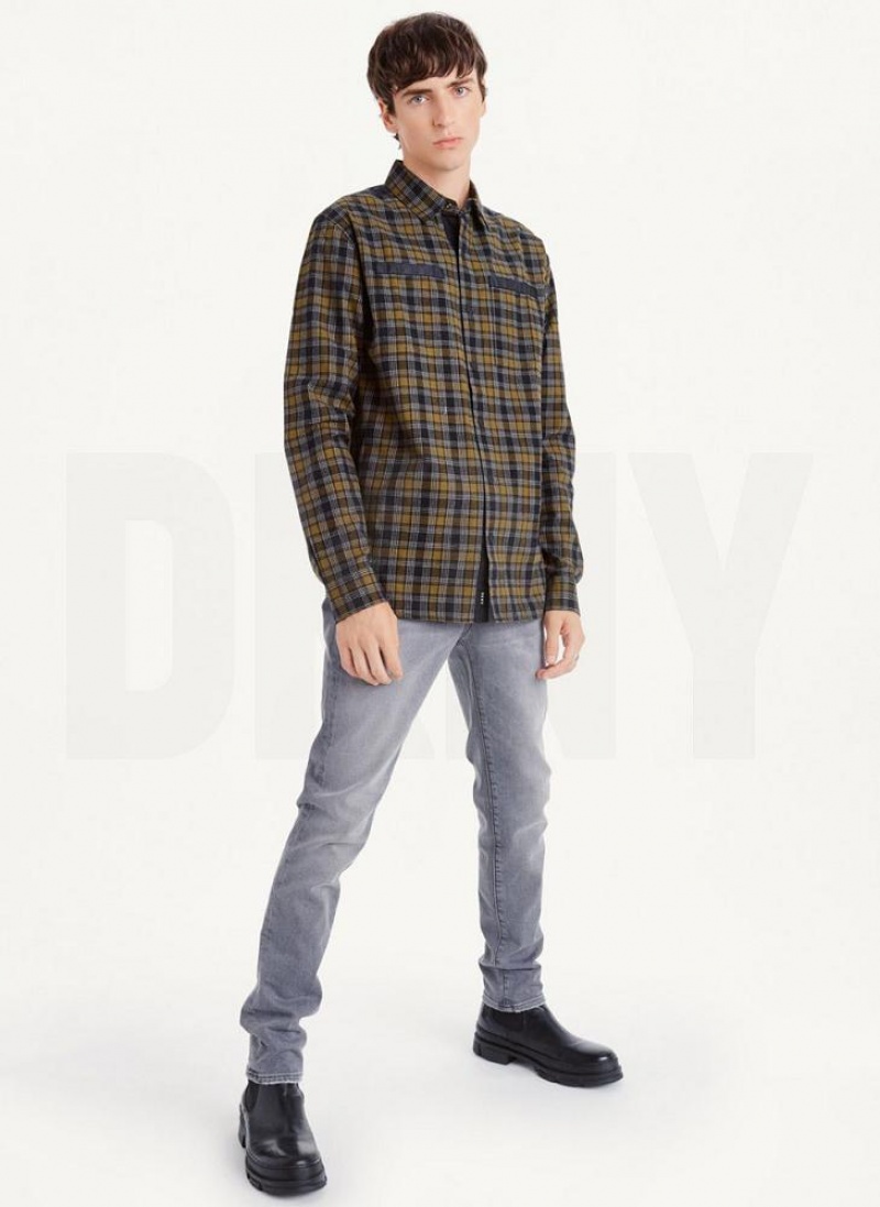 Olive DKNY Long Sleeve Plaid Men's Shirts | USA-D0585