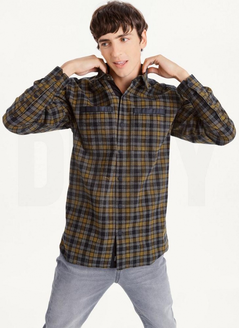 Olive DKNY Long Sleeve Plaid Men's Shirts | USA-D0585