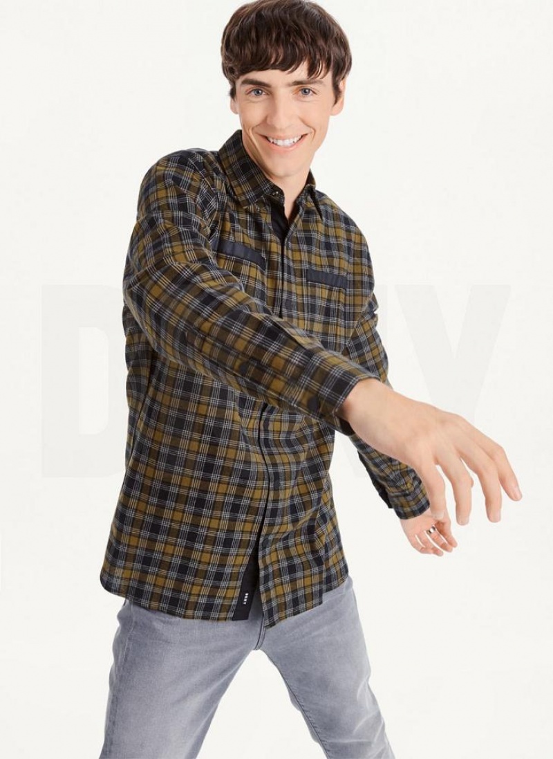 Olive DKNY Long Sleeve Plaid Men\'s Shirts | USA-D0585