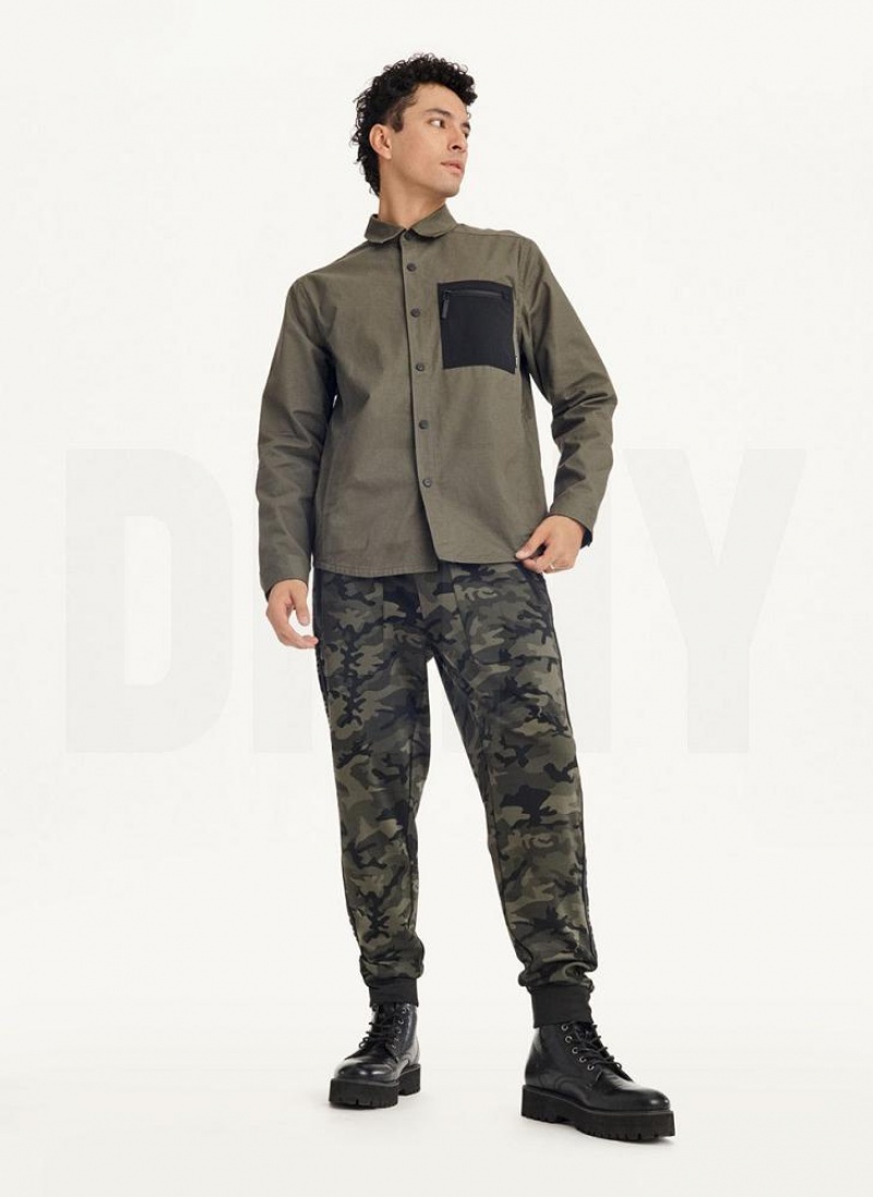 Olive DKNY Mixed Media PockeT-Shirt Jacket Men's Shirts | USA-D1382