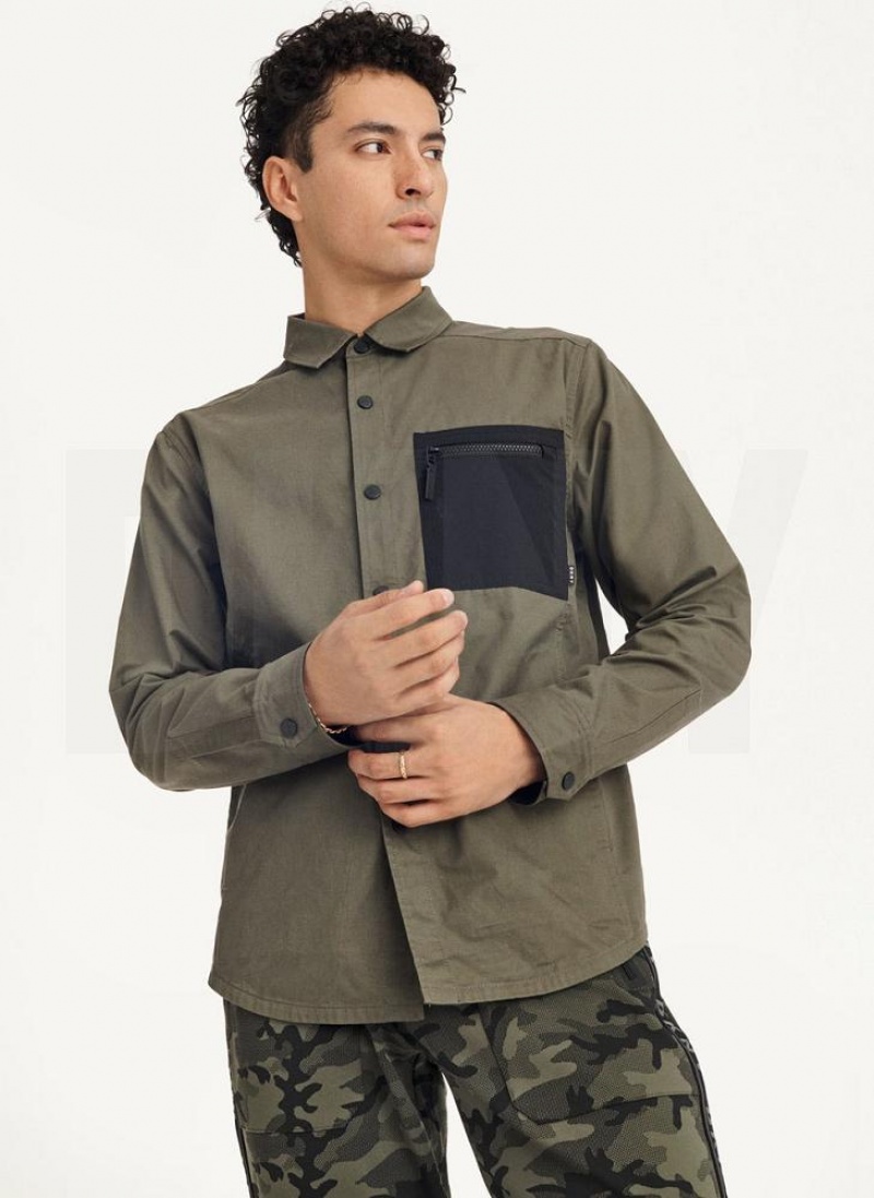 Olive DKNY Mixed Media PockeT-Shirt Jacket Men's Shirts | USA-D1382