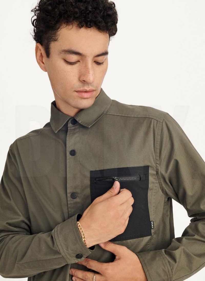 Olive DKNY Mixed Media PockeT-Shirt Jacket Men's Shirts | USA-D1382