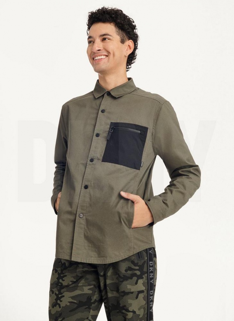 Olive DKNY Mixed Media PockeT-Shirt Jacket Men's Shirts | USA-D1382