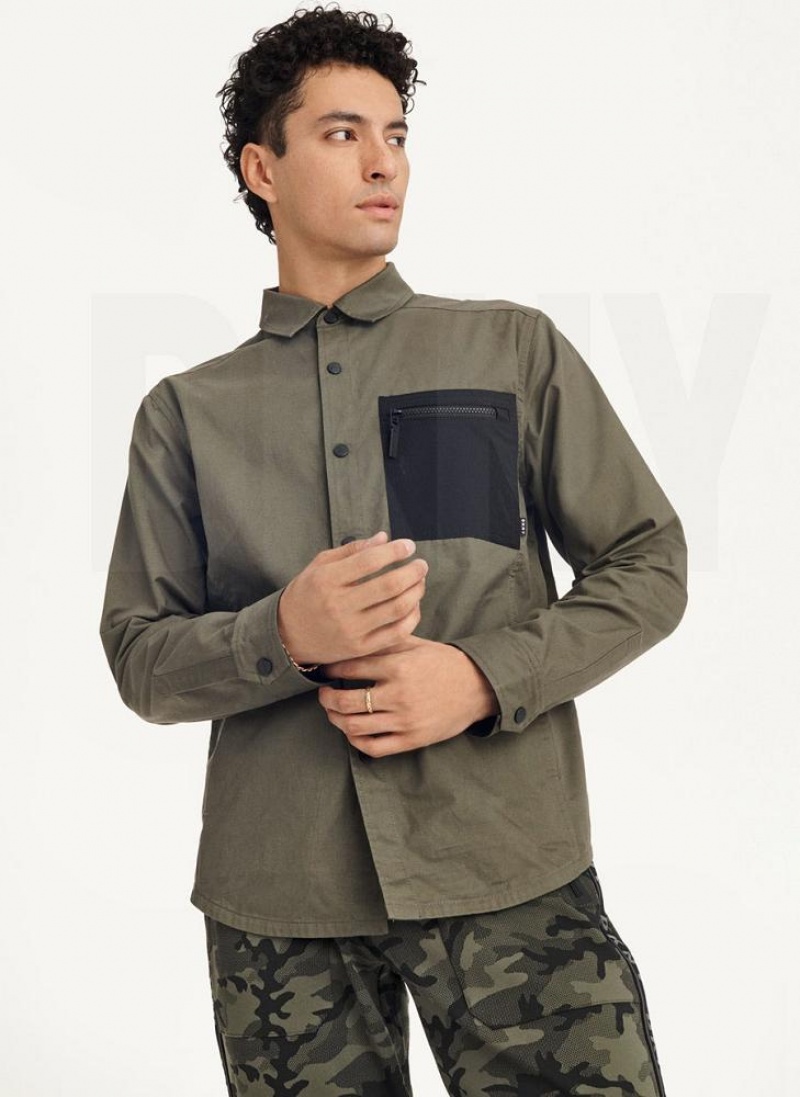 Olive DKNY Mixed Media PockeT-Shirt Men's Jackets | USA-D0234