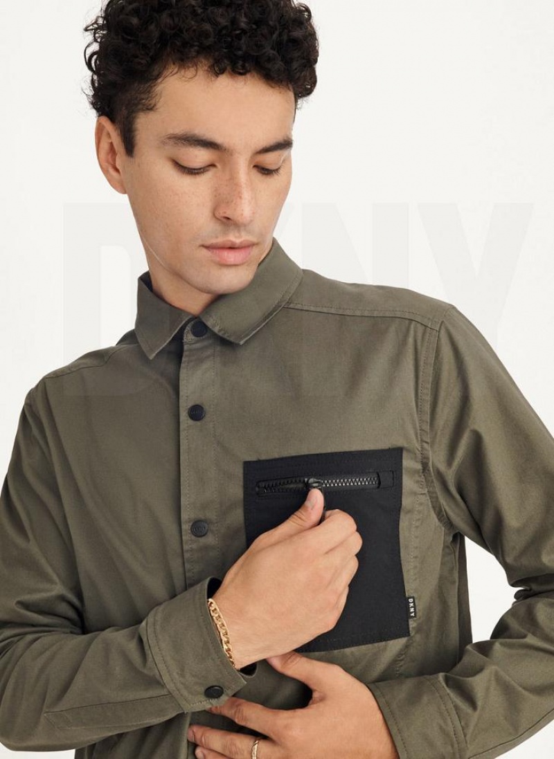 Olive DKNY Mixed Media PockeT-Shirt Men's Jackets | USA-D0234