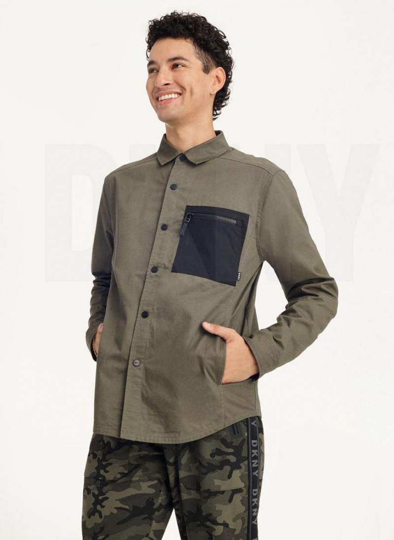 Olive DKNY Mixed Media PockeT-Shirt Men's Jackets | USA-D0234