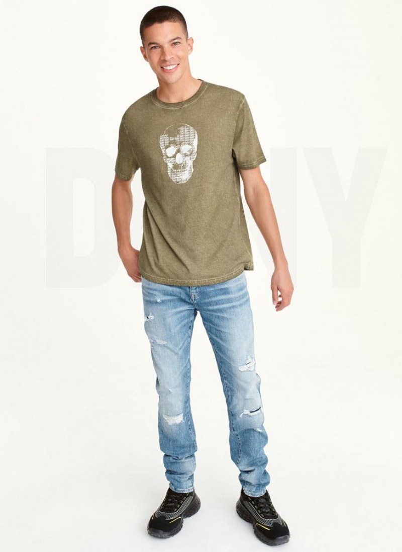 Olive DKNY OUTLINE LOGO SKULL MINERAL WASH Men's T Shirts | USA-D0932