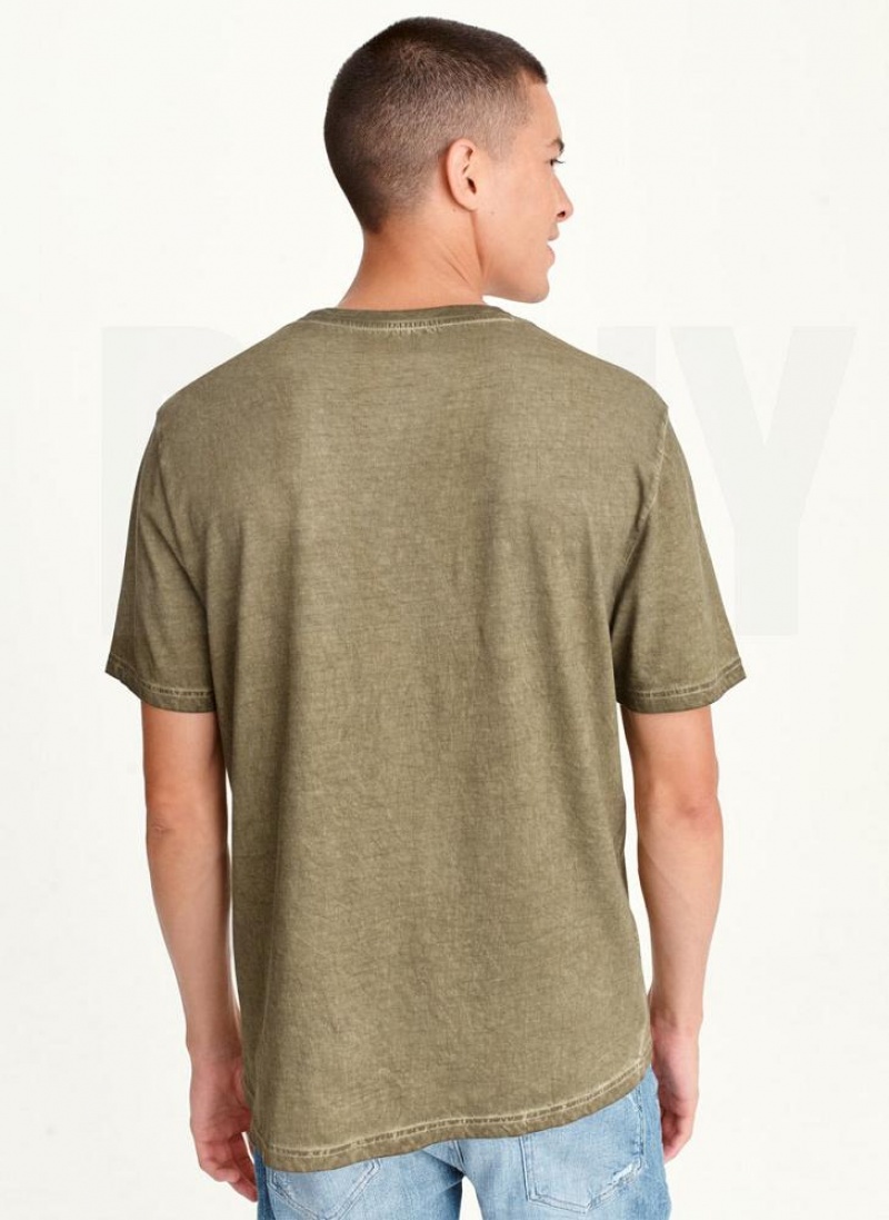 Olive DKNY OUTLINE LOGO SKULL MINERAL WASH Men's T Shirts | USA-D0932