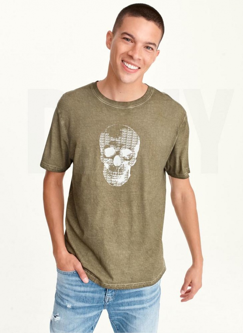 Olive DKNY OUTLINE LOGO SKULL MINERAL WASH Men\'s T Shirts | USA-D0932