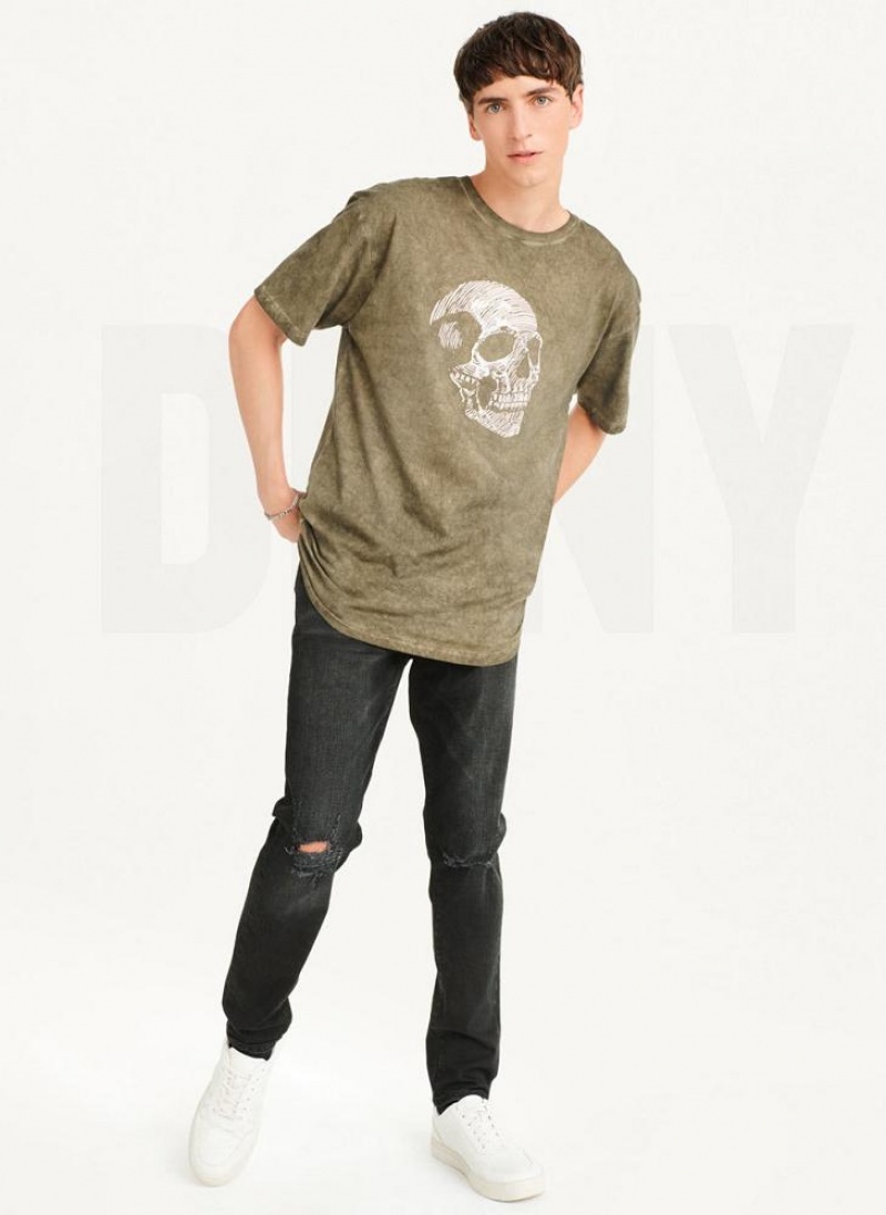 Olive DKNY Pigment Dye Sketched Skull Men's T Shirts | USA-D1634
