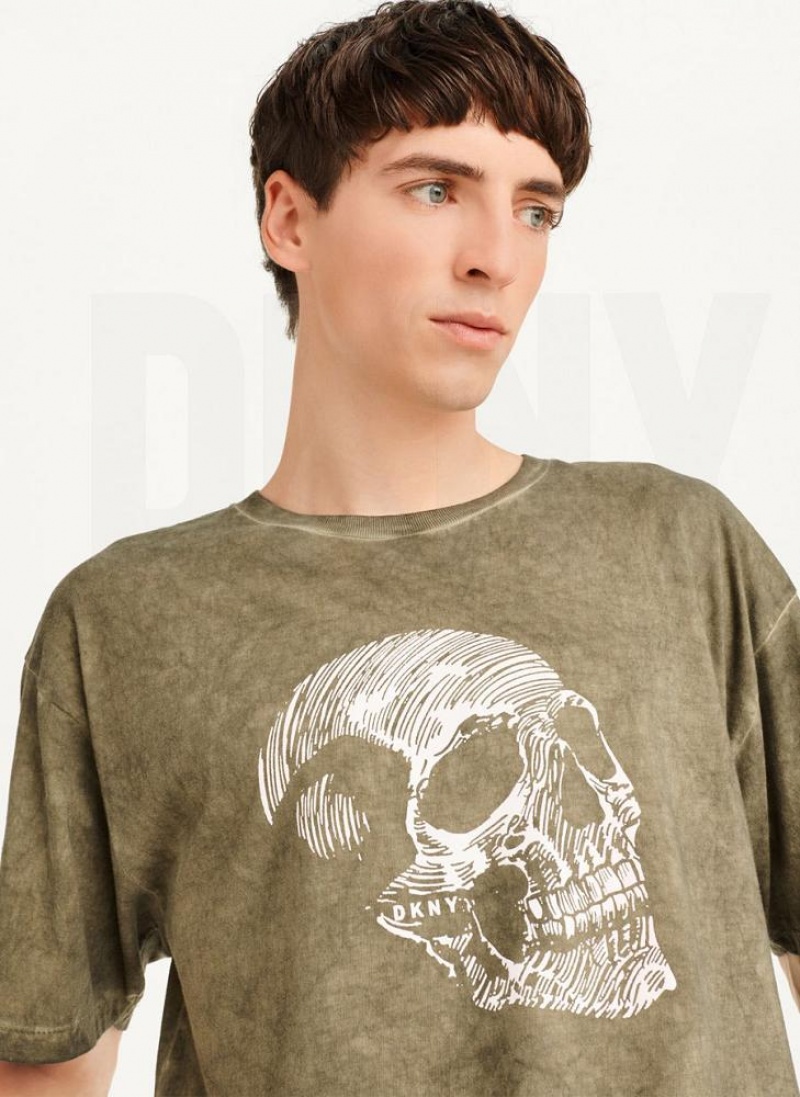 Olive DKNY Pigment Dye Sketched Skull Men's T Shirts | USA-D1634