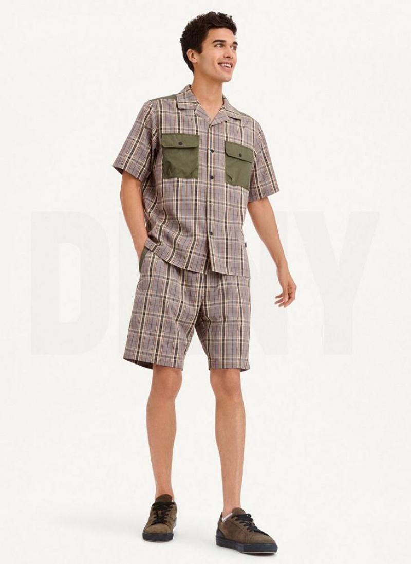 Olive DKNY Plaid/Solid Mixed Short Sleeve Knit Men's Shirts | USA-D0732