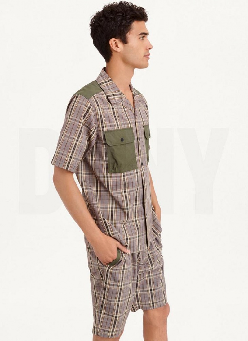 Olive DKNY Plaid/Solid Mixed Short Sleeve Knit Men's Shirts | USA-D0732