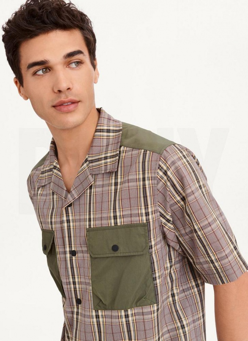 Olive DKNY Plaid/Solid Mixed Short Sleeve Knit Men's Shirts | USA-D0732