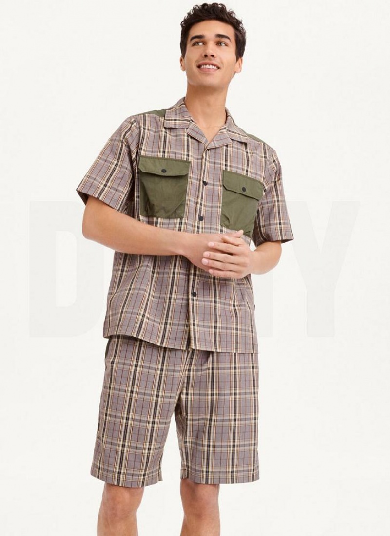 Olive DKNY Plaid/Solid Mixed Short Sleeve Knit Men\'s Shirts | USA-D0732