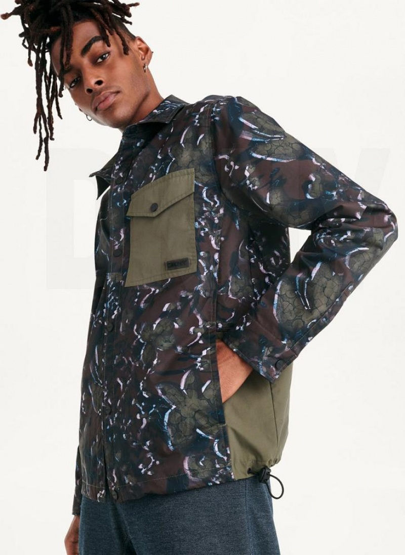 Olive DKNY Printed Nylon Single Breast Drawstring Hem Men's Jackets | USA-D1029