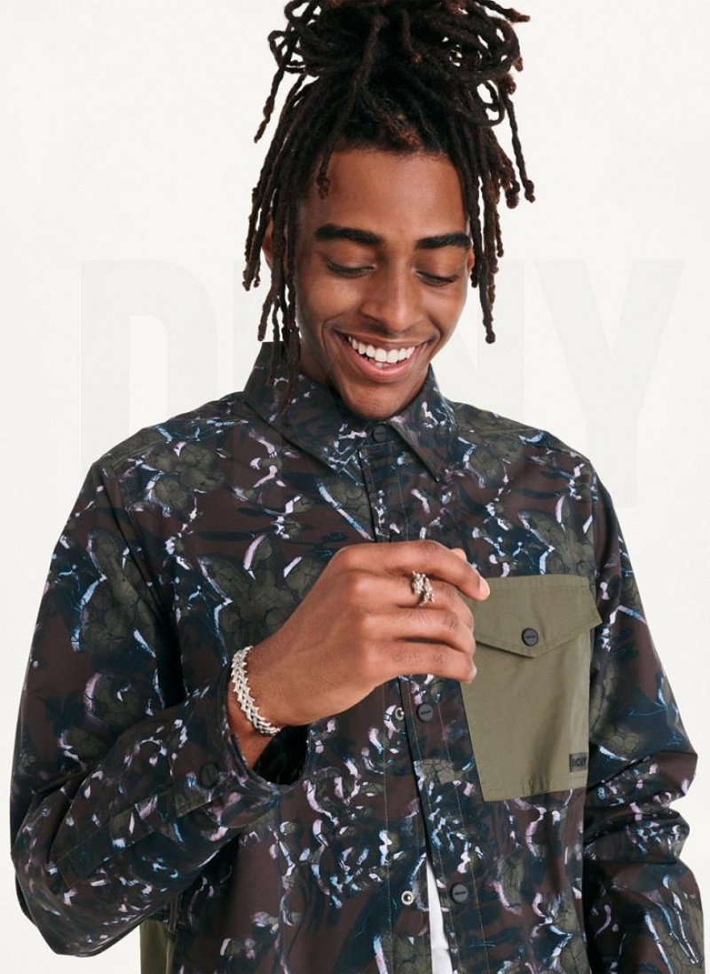 Olive DKNY Printed Nylon Single Breast Drawstring Hem Men's Jackets | USA-D1029