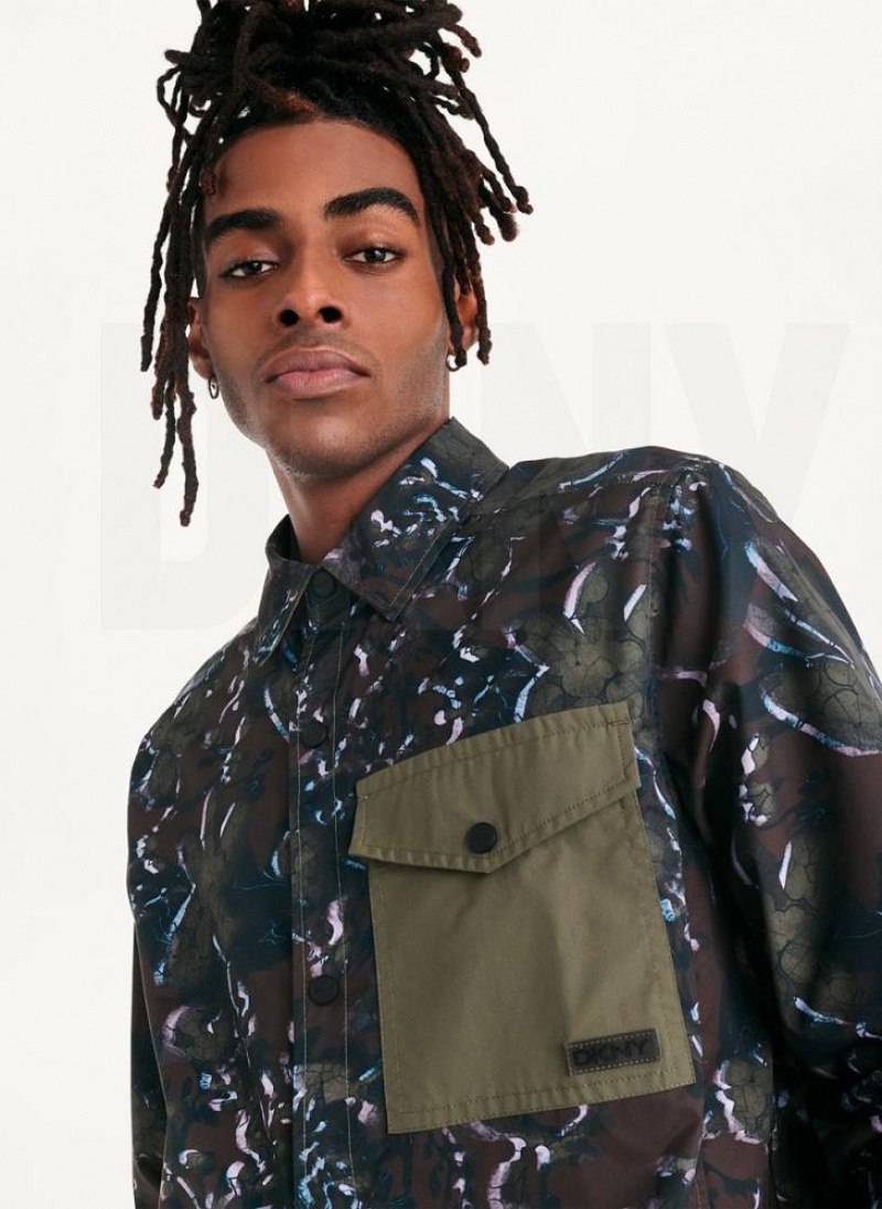 Olive DKNY Printed Nylon Single Breast Drawstring Hem Men's Jackets | USA-D1029