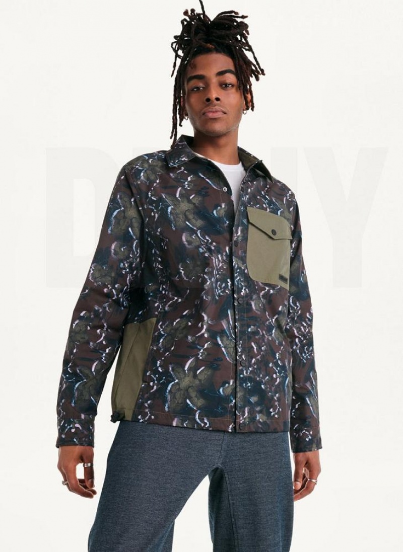 Olive DKNY Printed Nylon Single Breast Drawstring Hem Men\'s Jackets | USA-D1029
