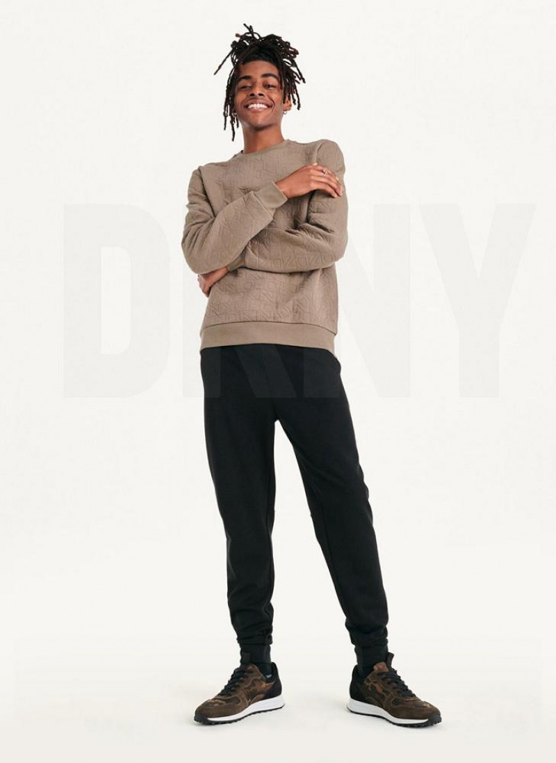 Olive DKNY Quilted Knit Allover Logo Crewneck Men's Sweatshirts | USA-D1489