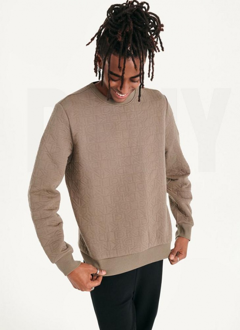 Olive DKNY Quilted Knit Allover Logo Crewneck Men's Sweatshirts | USA-D1489
