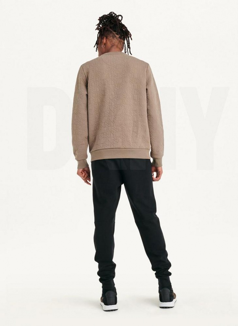 Olive DKNY Quilted Knit Allover Logo Crewneck Men's Sweatshirts | USA-D1489