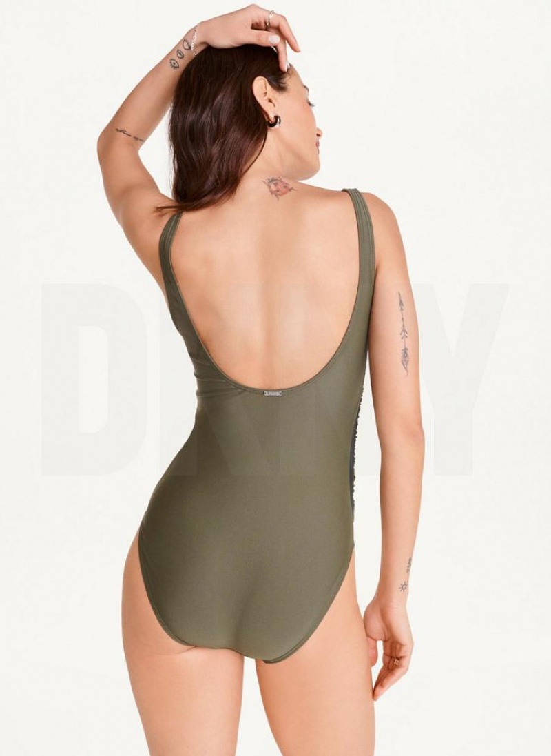 Olive DKNY Scoop Neck One-Piece Women's Swimsuits | USA-D1727