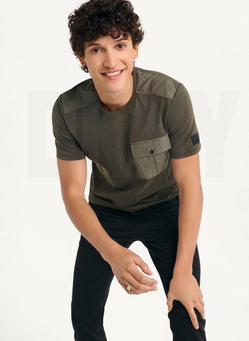 Olive DKNY Solid Pique Crewneck Men's T Shirts | USA-D1510