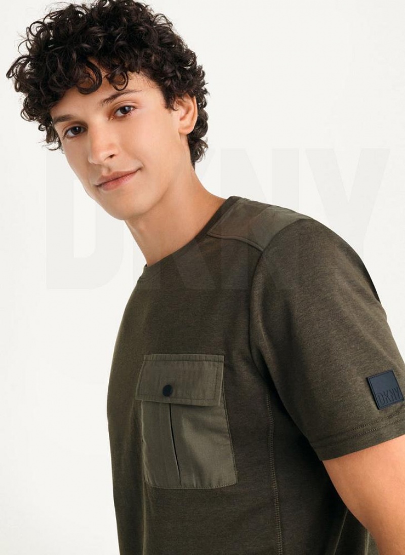 Olive DKNY Solid Pique Crewneck Men's T Shirts | USA-D1510