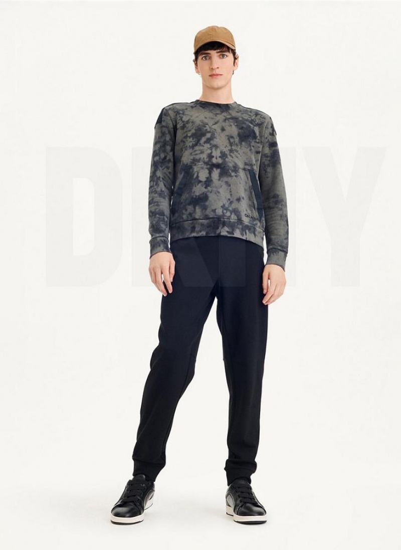 Olive / Black DKNY Long Sleeve Tie Dye Crewneck With Nylon Trim Men's Sweatshirts | USA-D0949