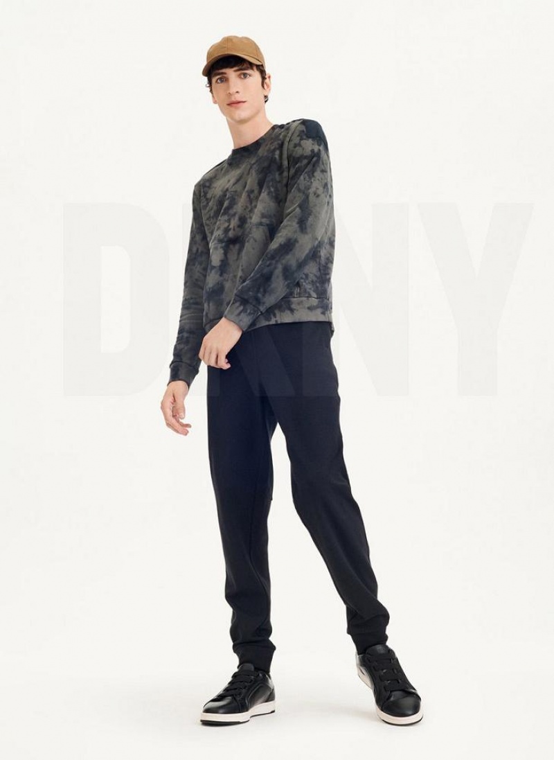 Olive / Black DKNY Long Sleeve Tie Dye Crewneck With Nylon Trim Men's Sweatshirts | USA-D0949