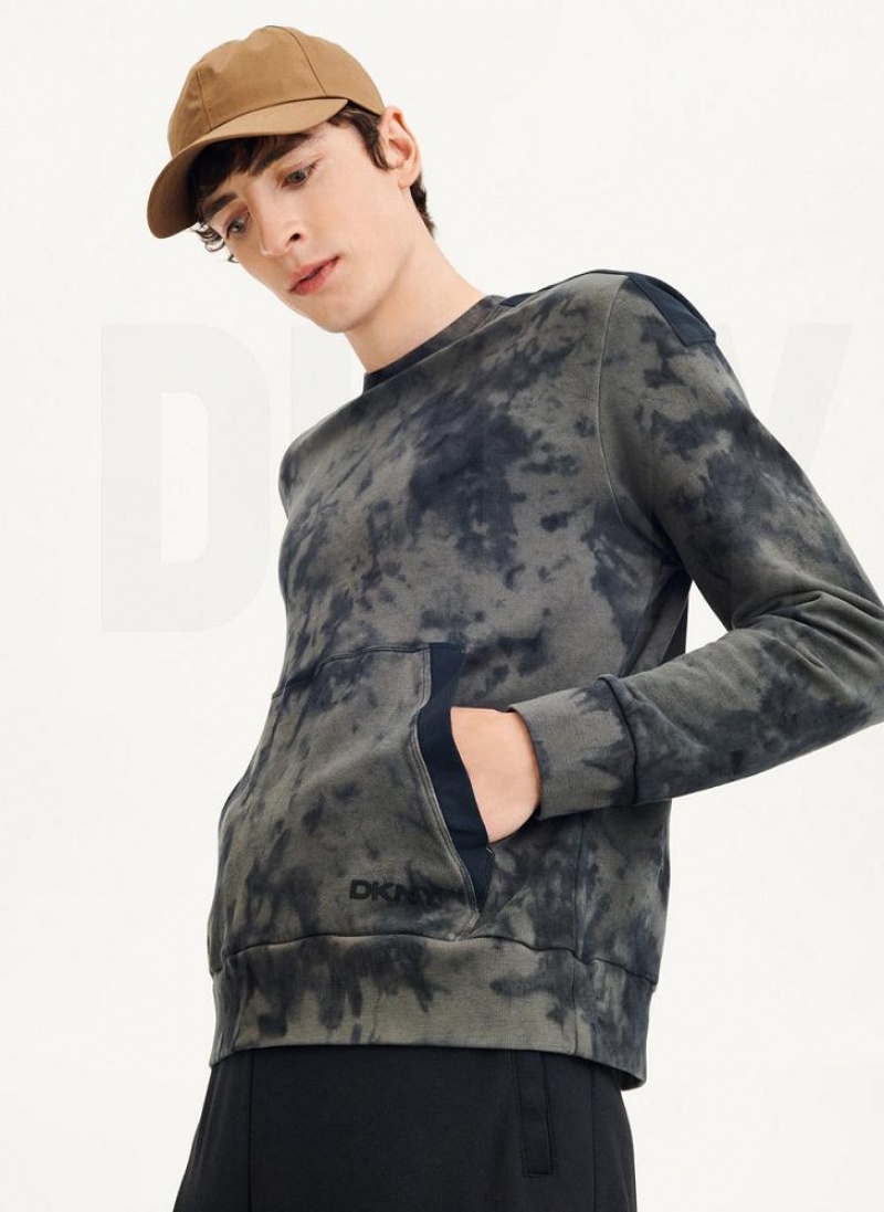 Olive / Black DKNY Long Sleeve Tie Dye Crewneck With Nylon Trim Men's Sweatshirts | USA-D0949