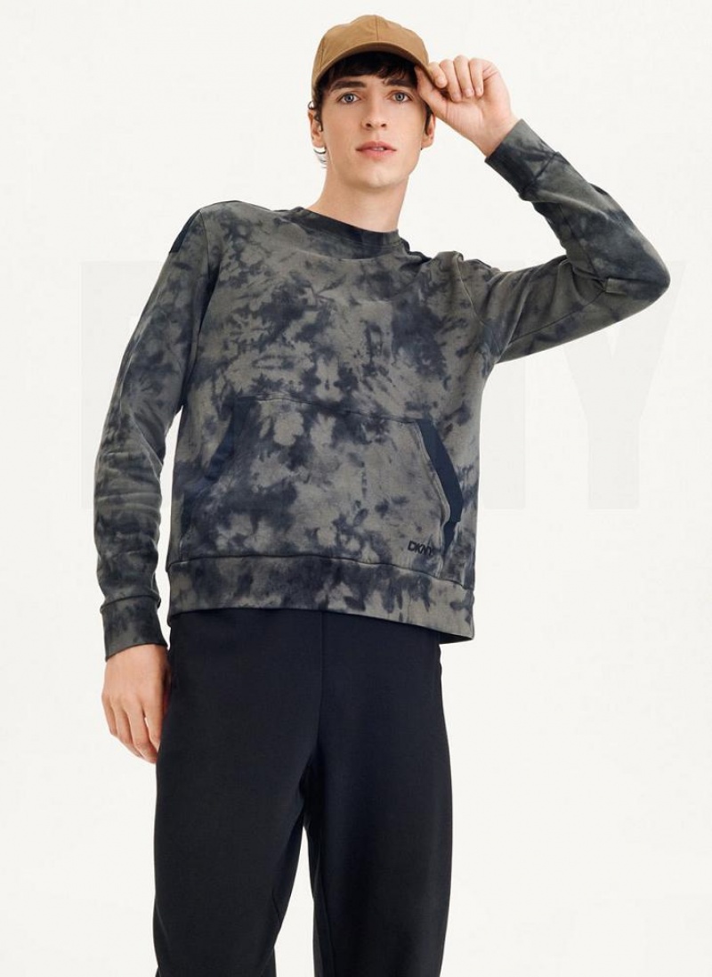 Olive / Black DKNY Long Sleeve Tie Dye Crewneck With Nylon Trim Men's Sweatshirts | USA-D0949