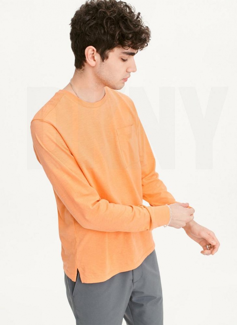 Orange DKNY Long Sleeve Crew Pocket Slub Jersey Men's T Shirts | USA-D1137