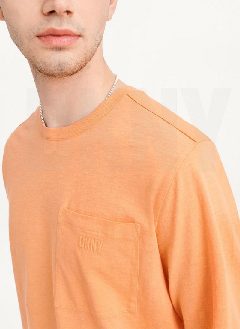 Orange DKNY Long Sleeve Crew Pocket Slub Jersey Men's T Shirts | USA-D1137