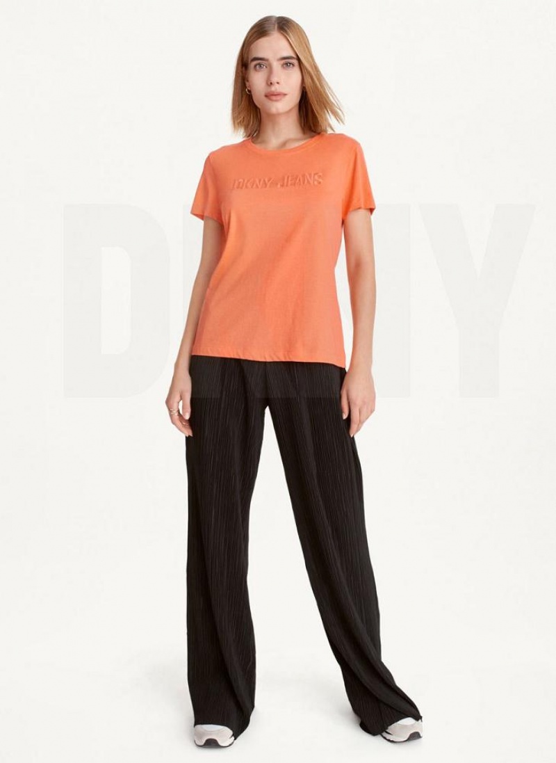 Orange DKNY Short Sleeve Embossed Logo Women's T Shirts | USA-D0215