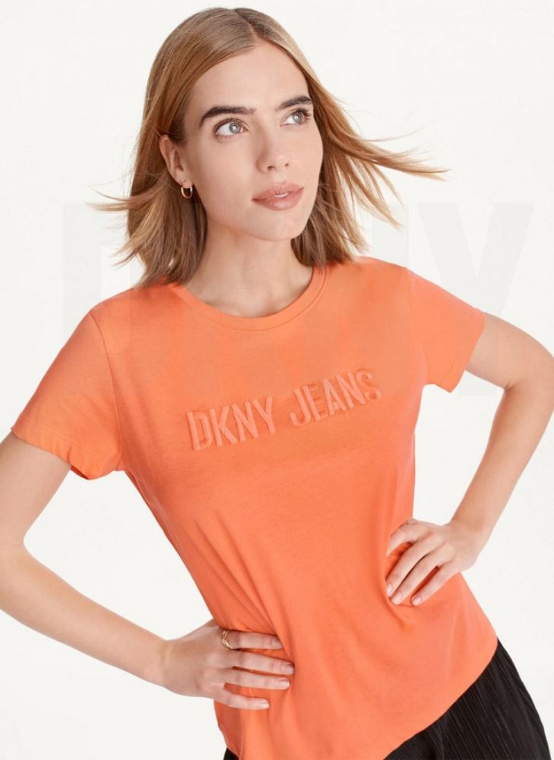 Orange DKNY Short Sleeve Embossed Logo Women\'s T Shirts | USA-D0215