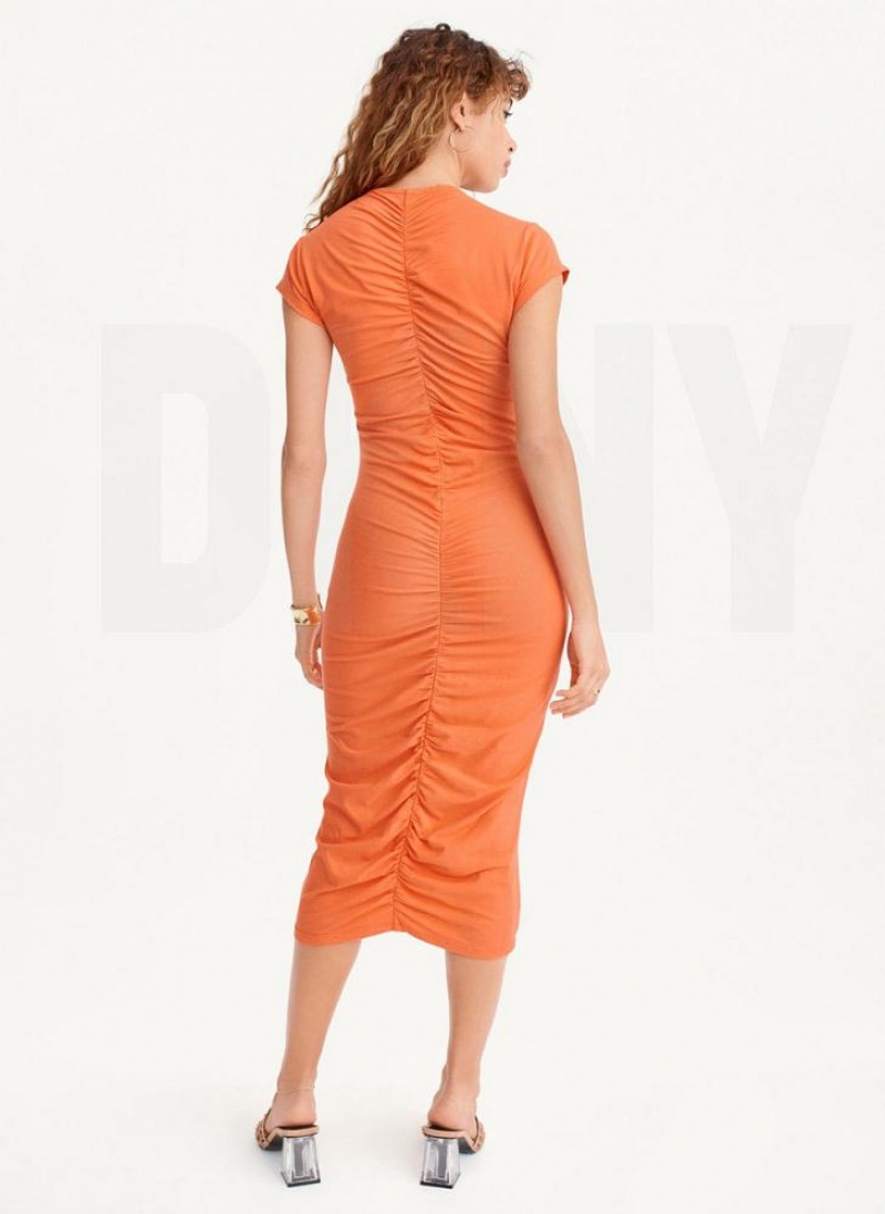 Orange DKNY V-Neck Ruched Midi Women's Dresses | USA-D0189