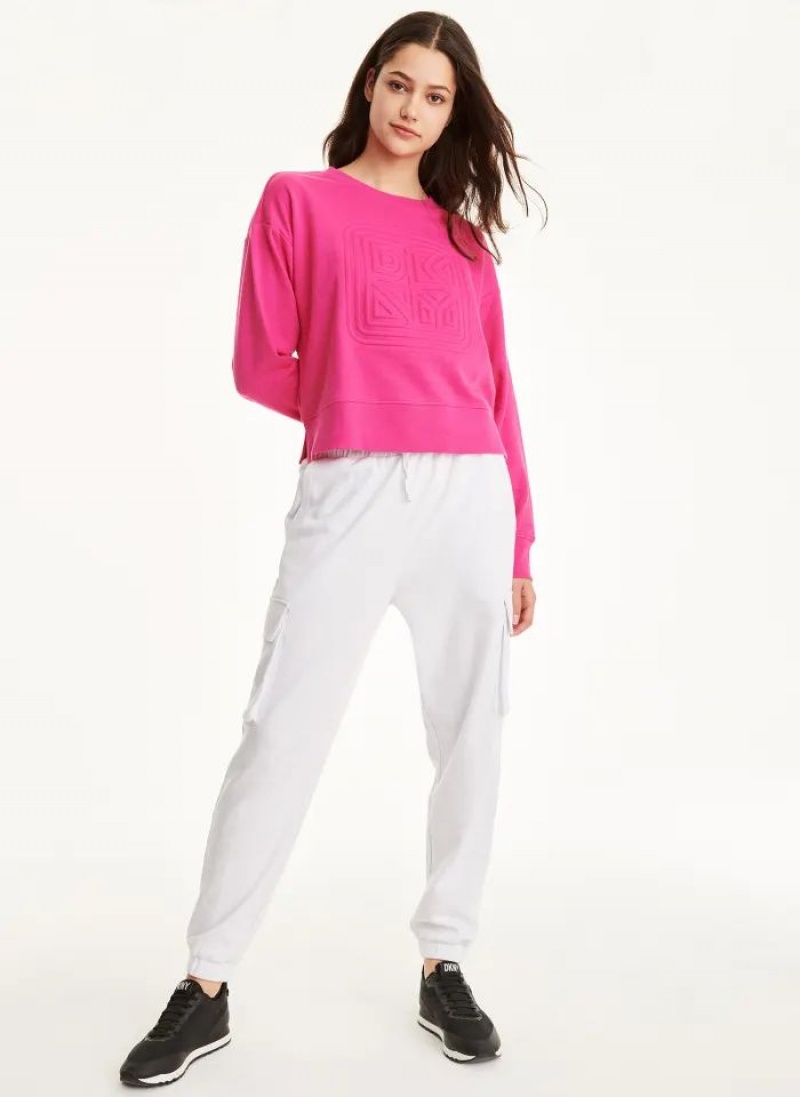 Pink DKNY Cotton Jersey Crew With Logo Embossing Women's Sweatshirts | USA-D1817