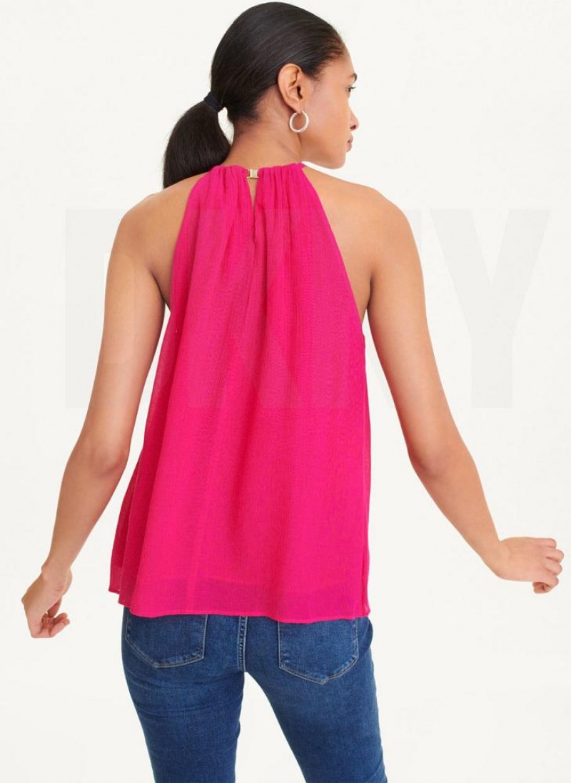 Pink DKNY Crinkle Rayon Crossover Blouse Women's Tank Tops | USA-D1604